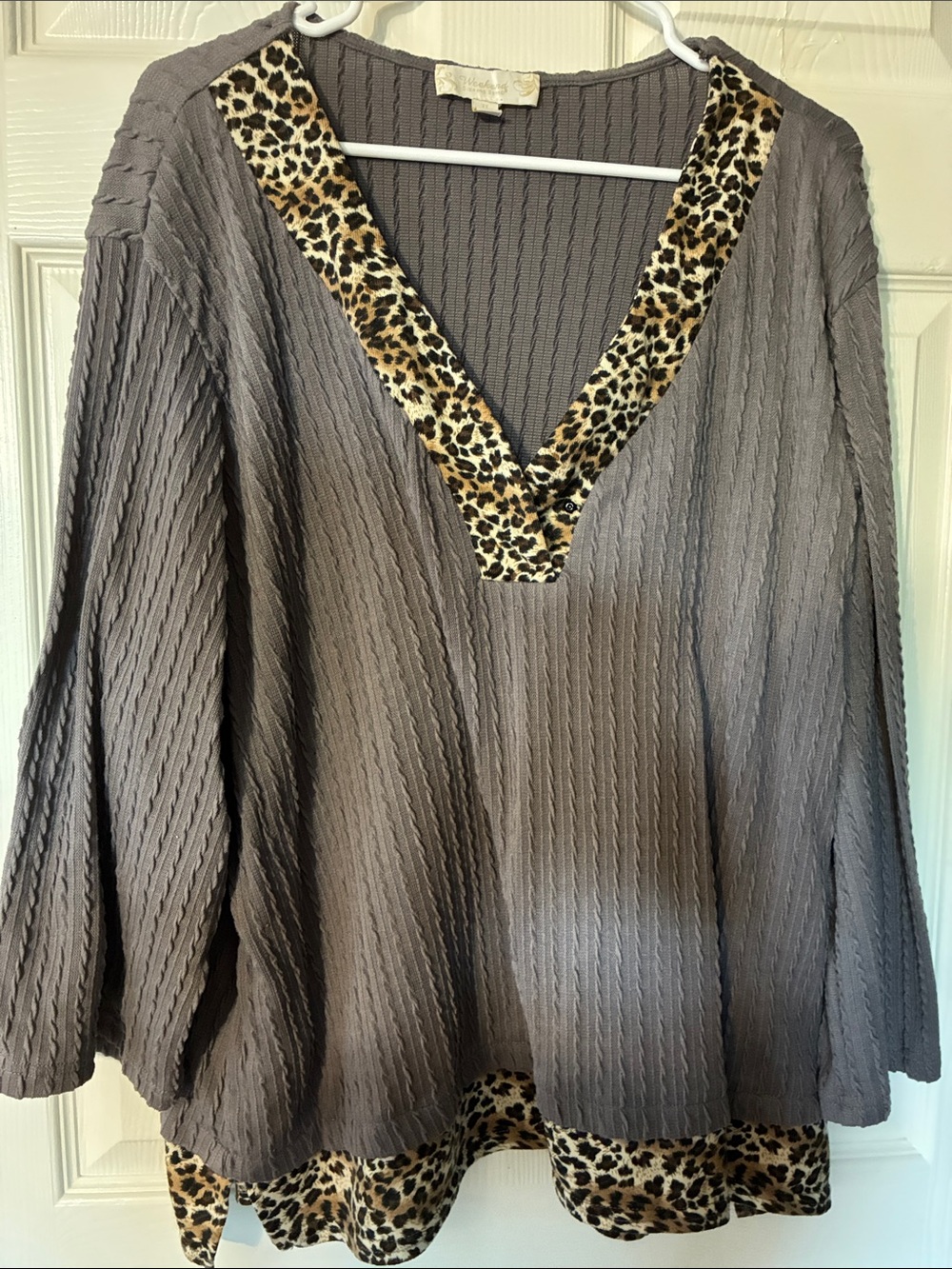 Suzanne Betro Gray V-Neck Sweater with Leopard Trim